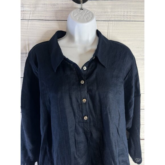 J. Jill  Love Linen Navy Linen Tunic Top  3/4 Knit Sleeve Woven Front - Picture 4 of 13